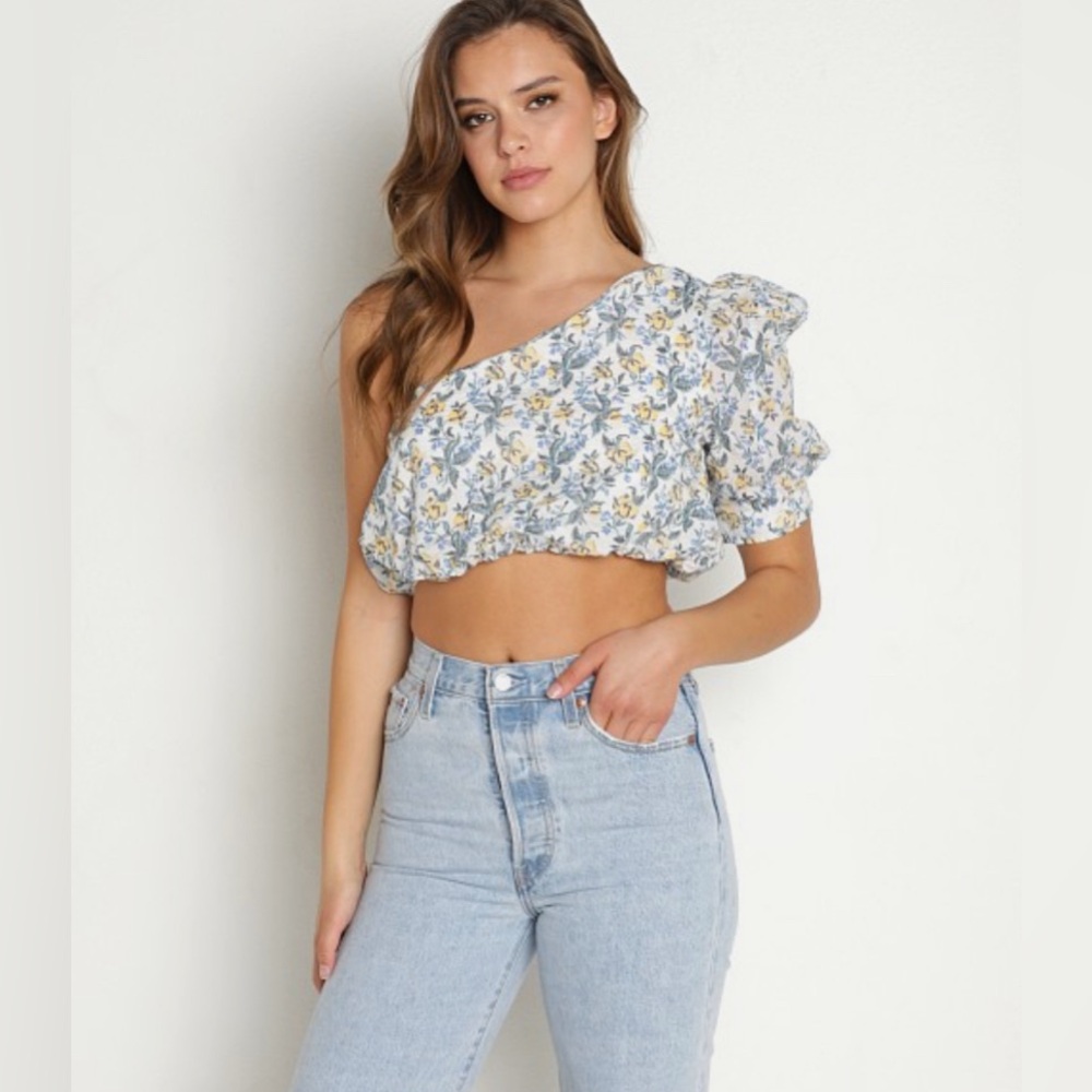 En Saison Lemon Floral Plissé Puff Sleeve Crop Top NWT | Size Large